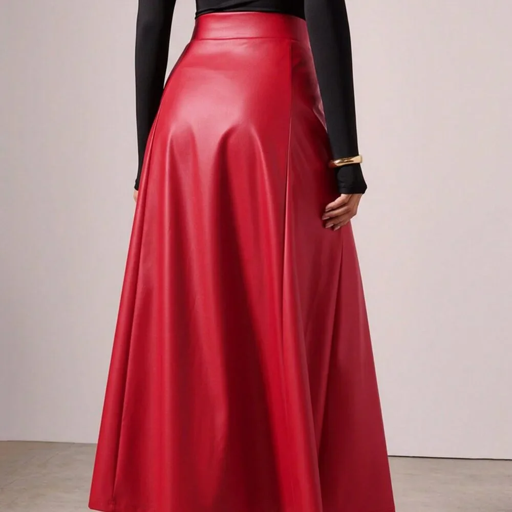 Red Elegant Women's Long fauc leather contemporary maxi Skirt - Picture 7 of 7